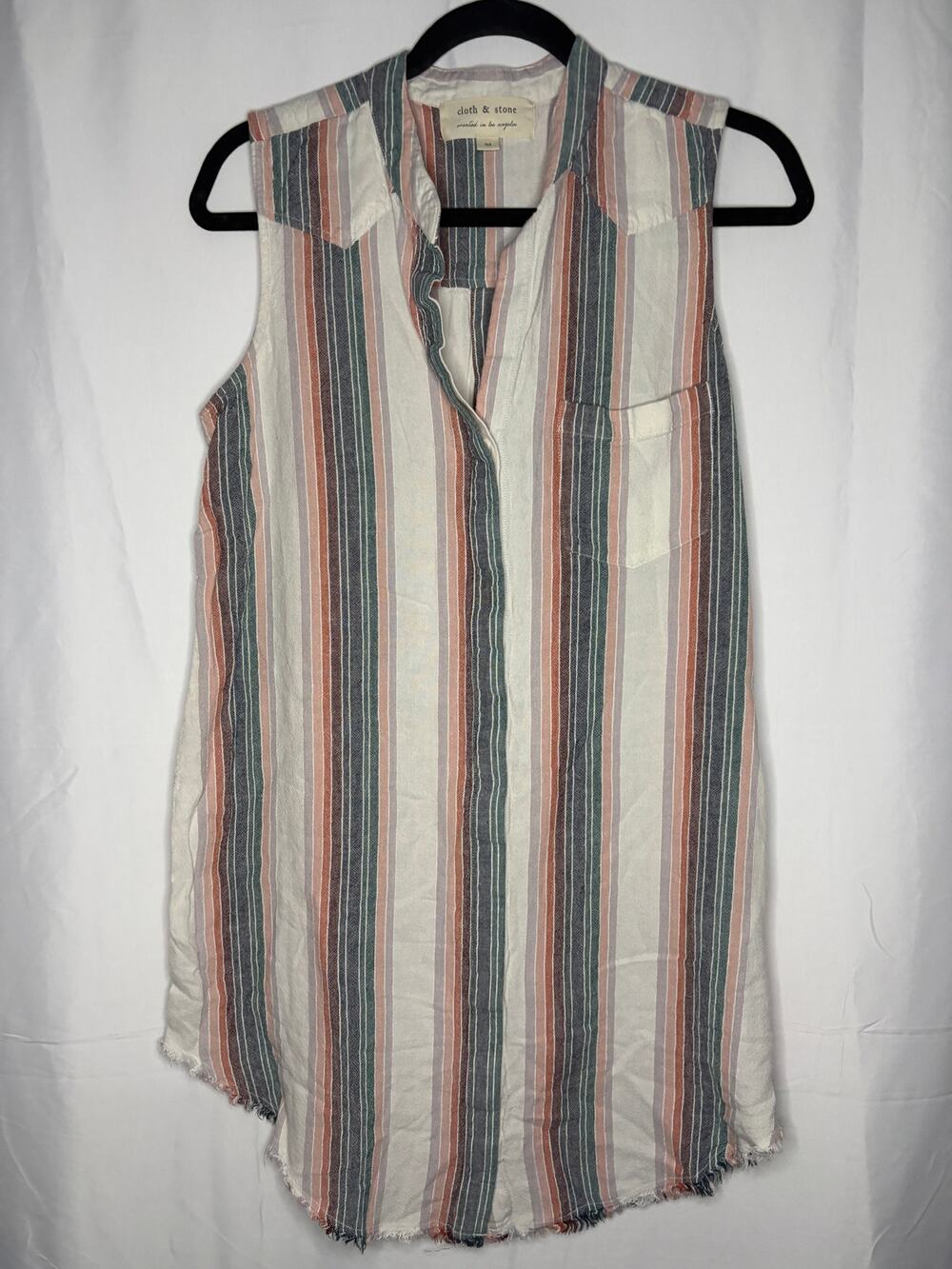 Cloth & Stone Linen Blend Mini Dress White Blue Pink Striped Sleeveless Sz M